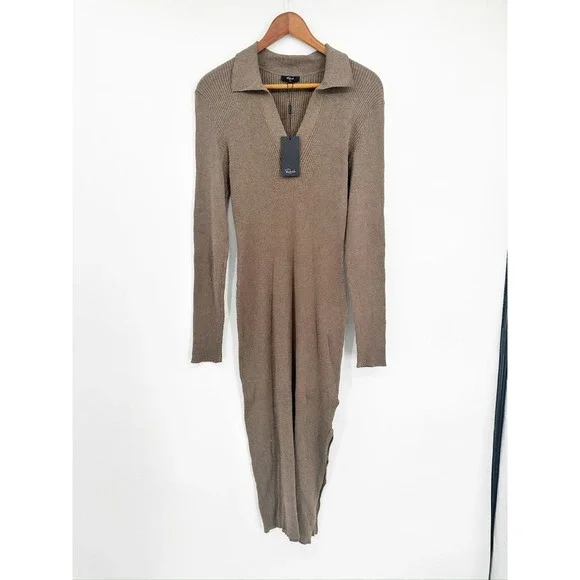 Rails Luciana Latte Brown Ribbed Knit Long Sleeve Collared Midi Dress Size M NWT - Picture 3 of 7
